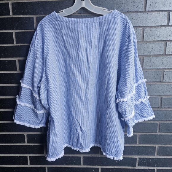 Cynthia Rowley Linen Blend Striped Blouse Boxy Fit Fringe 3/4 Sleeve Top Size 2x - Picture 12 of 14
